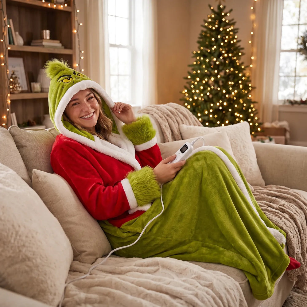 Woman relaxing on a couch in the heated robe next to a Christmas tree